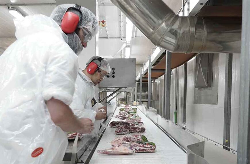 Workers pack meat at a processing plant.